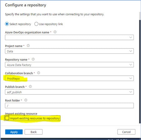 Deploy existing data factory repository brand on a new environment via Git configuration 9 Nitor Infotech