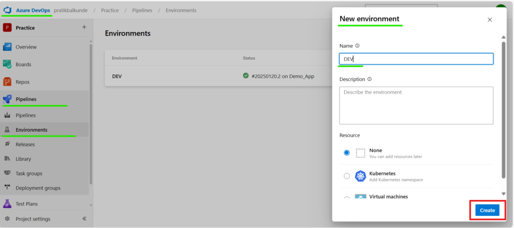 Create Environment in Azure DevOps