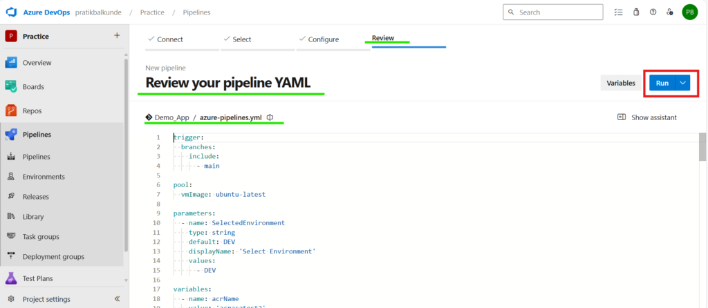 Review pipeline YAML